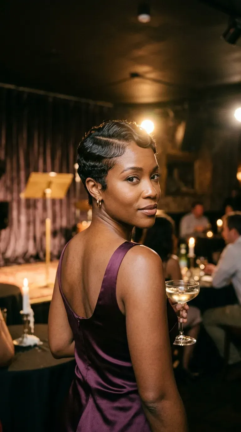 Over the shoulder view of sculpted finger waves on a short cut at a lounge