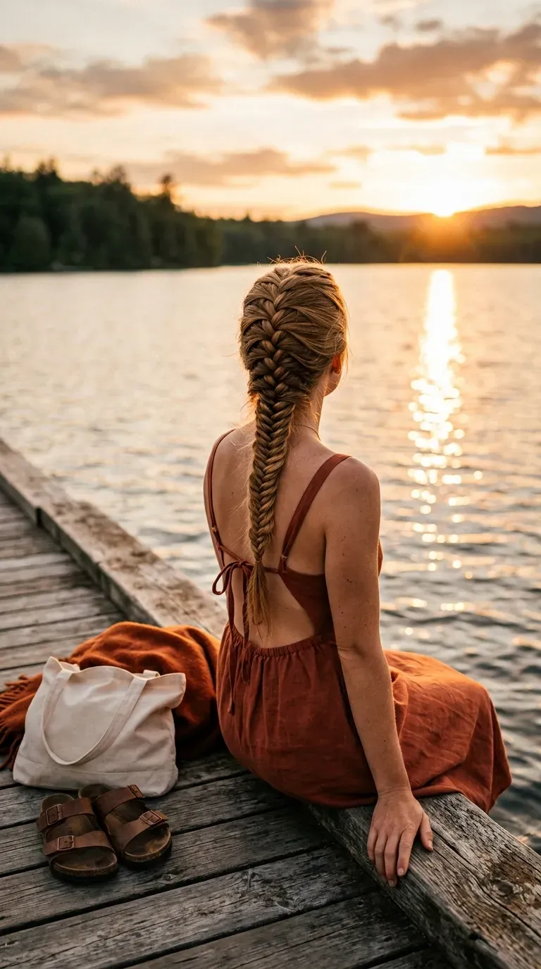Two thin fishtail accent braids joined with a tortoiseshell claw clip in a greenhouse