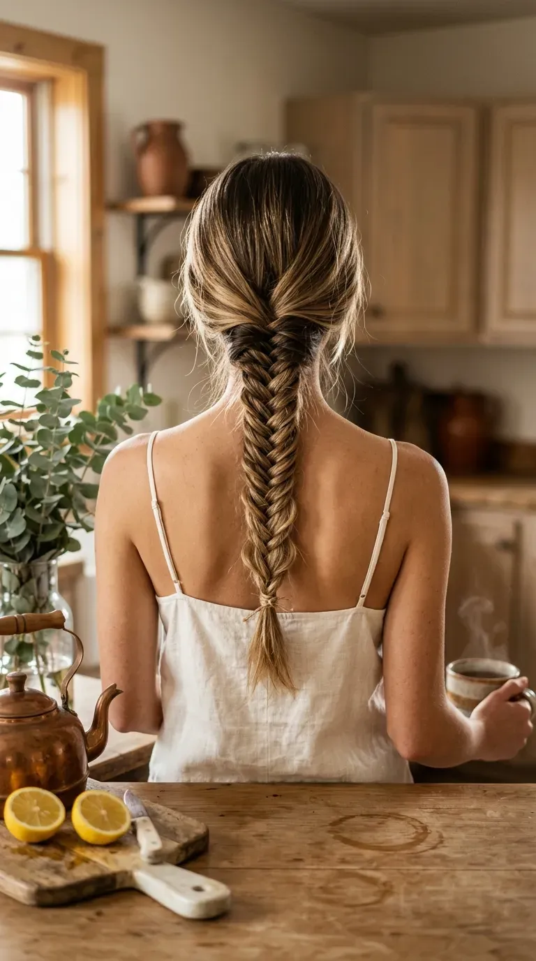 Strawberry blonde fishtail braid with dried lavender and baby's breath tucked into loops