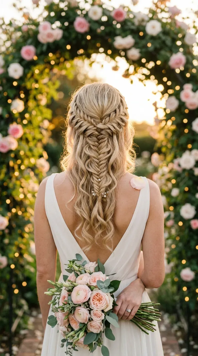 Long fishtail braid with three spaced gold hair cuffs at a desert overlook