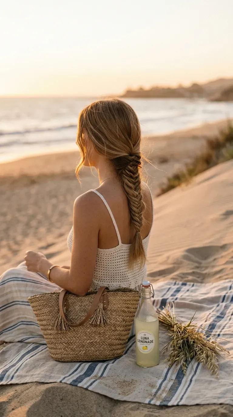 Back view of a loose side fishtail braid over one shoulder on a beach dune
