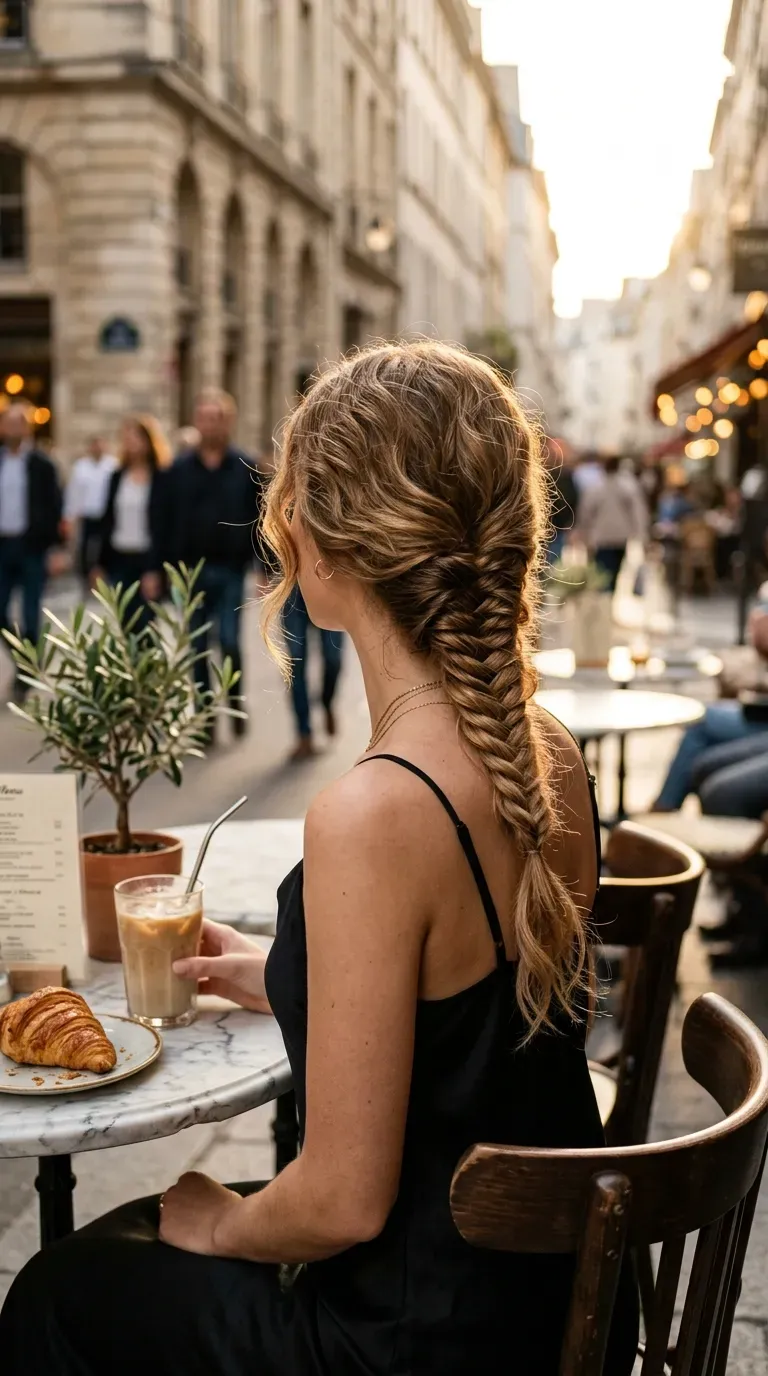 Textured fishtail braid on second day waves at a sunny sidewalk cafe table