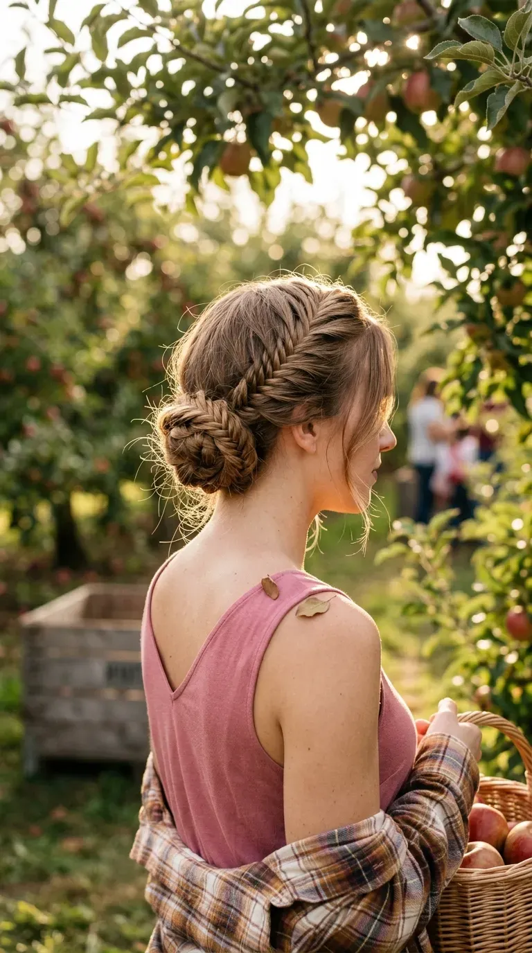 Three quarter back view of a fishtail braid folded into a loop at an orchard