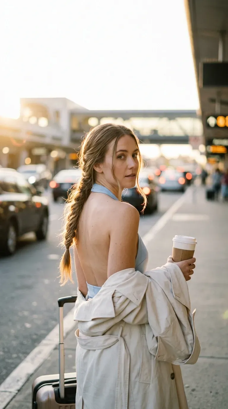 Over the shoulder look back at a fishtail braid draped across one shoulder