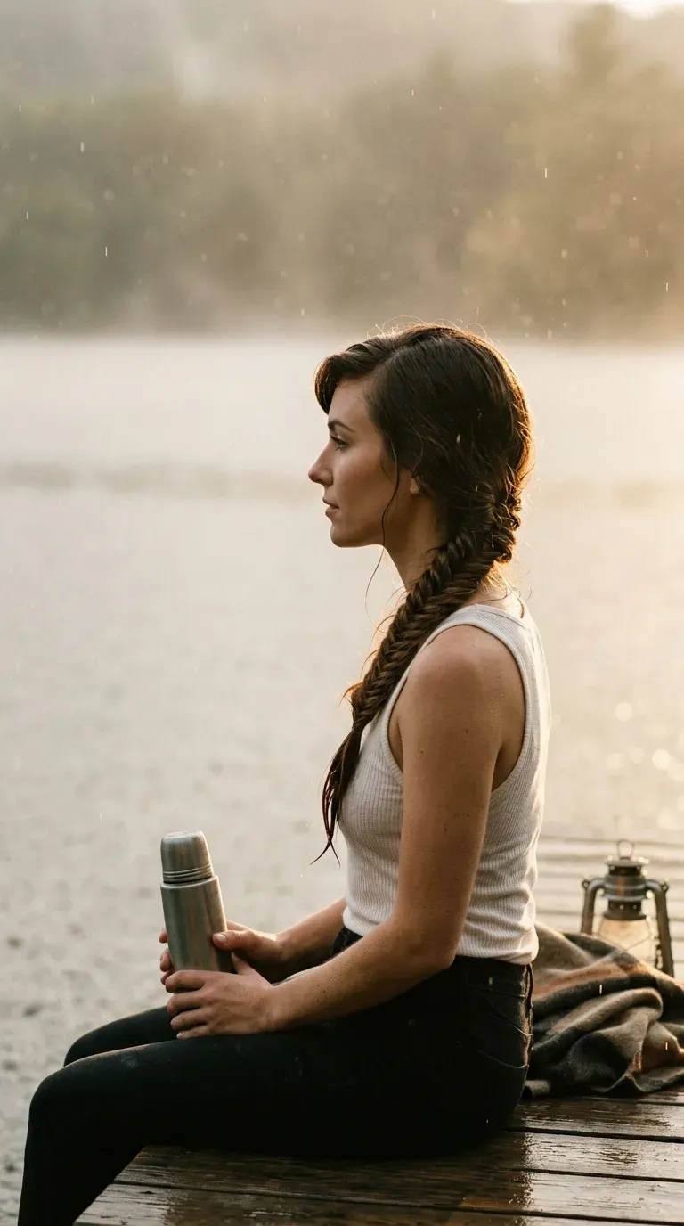 Side profile of a fishtail braid over one shoulder on a lake dock