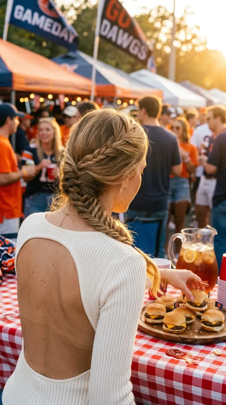 Detailed fishtail braid worn over one shoulder at a tailgate table