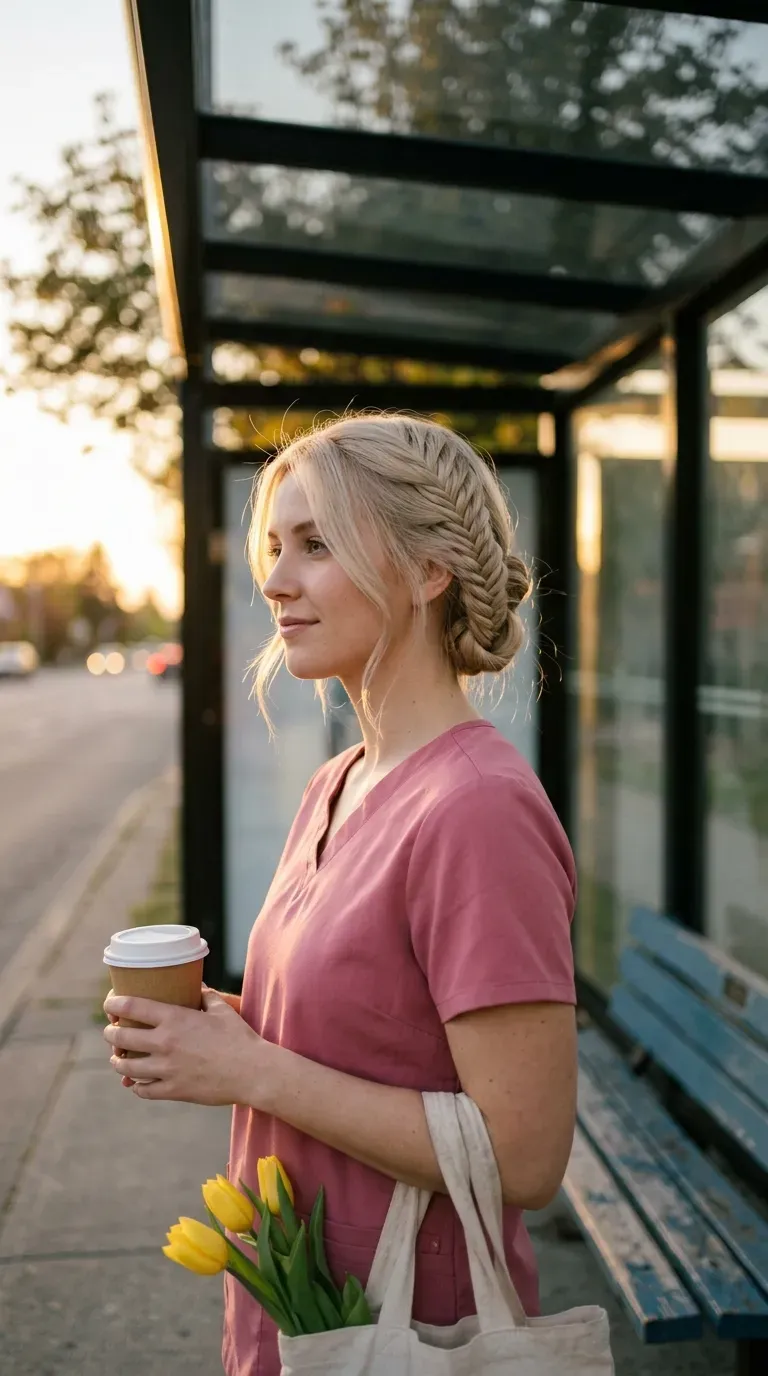 Three quarter view of a fishtail braid folded into a loop at a bus stop