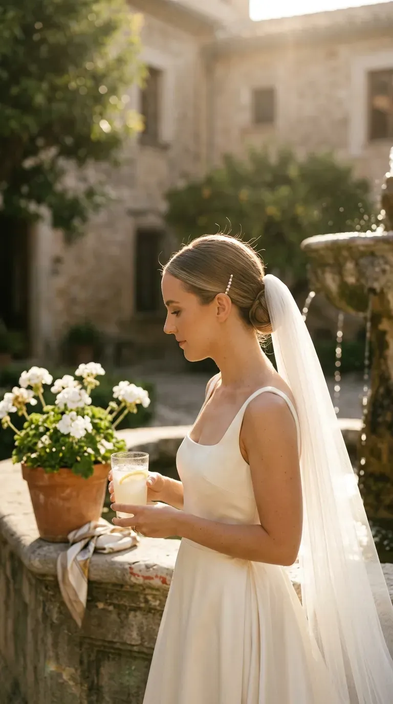 Over the shoulder view of a fishtail braid with a long veil on a dock