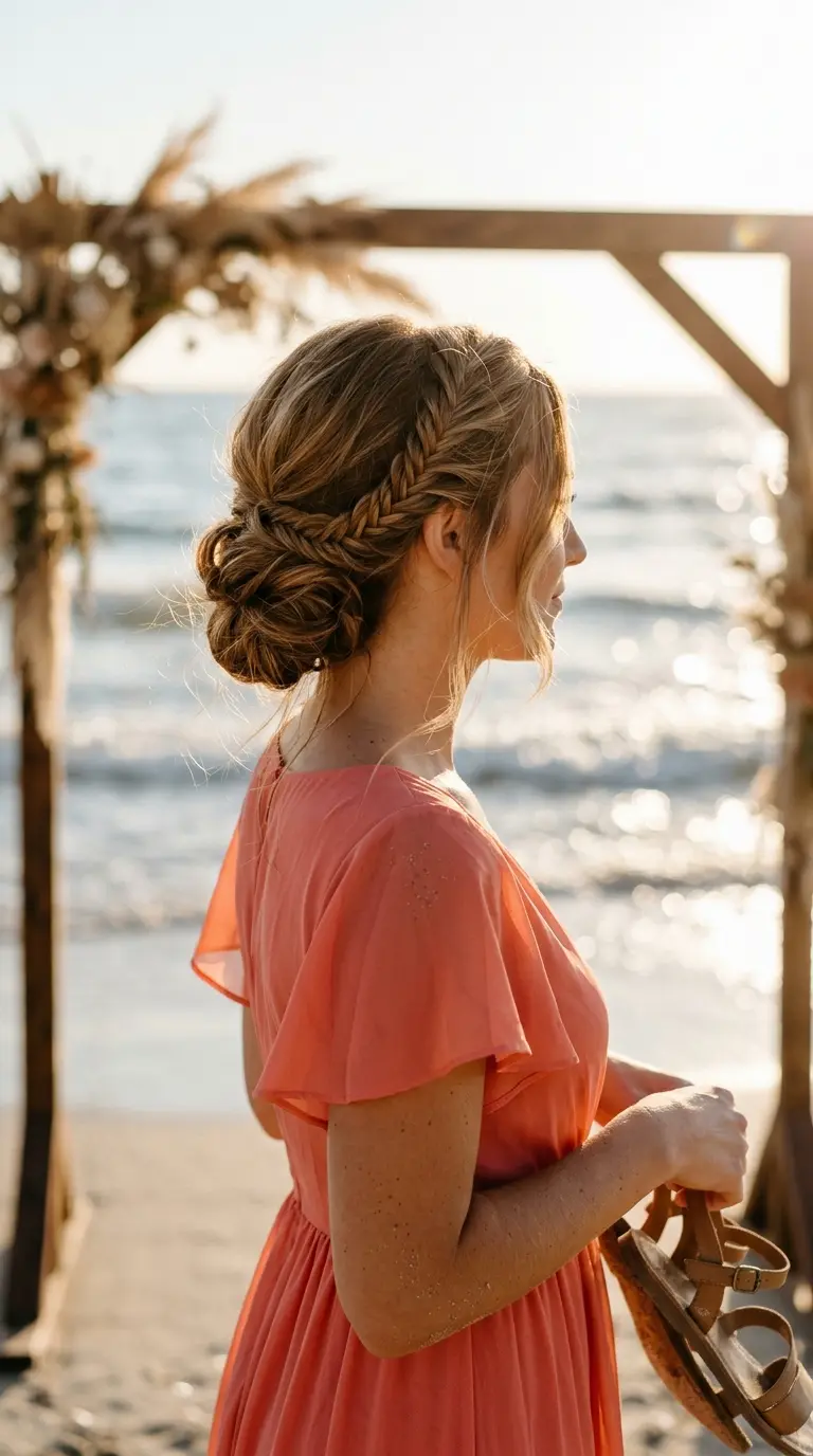 Side view of a loose fishtail braid wound into a low bun at a beach wedding
