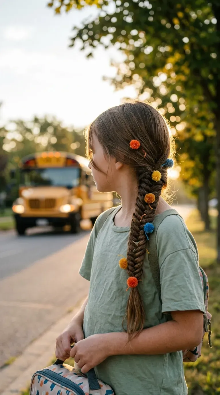Three quarter view of a fishtail braid dotted with yarn pom poms on a child