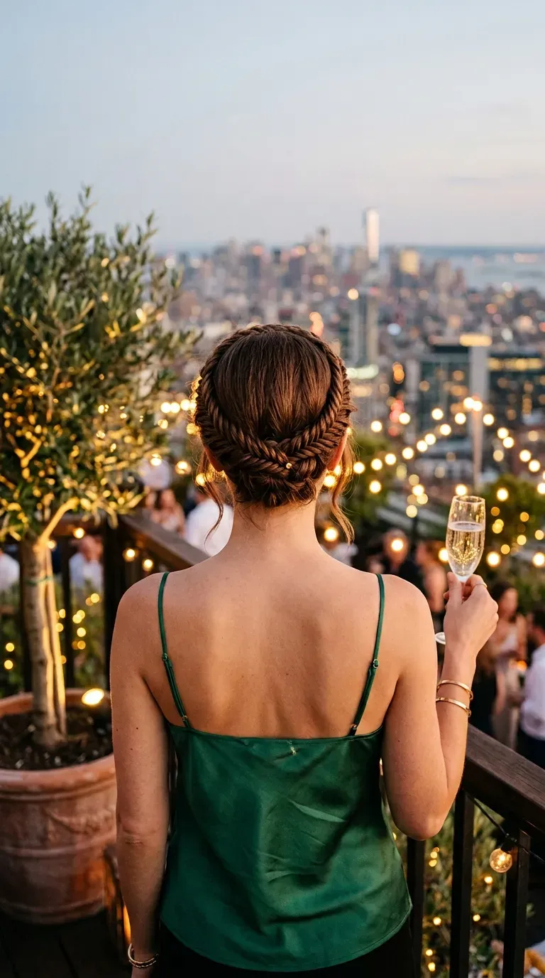 Back view of a fishtail braided crown with soft wisps on a rooftop terrace