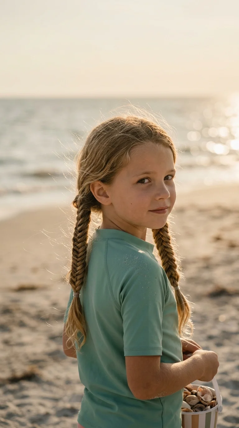 Over the shoulder view of a girl with two loose fishtail braided pigtails at the beach