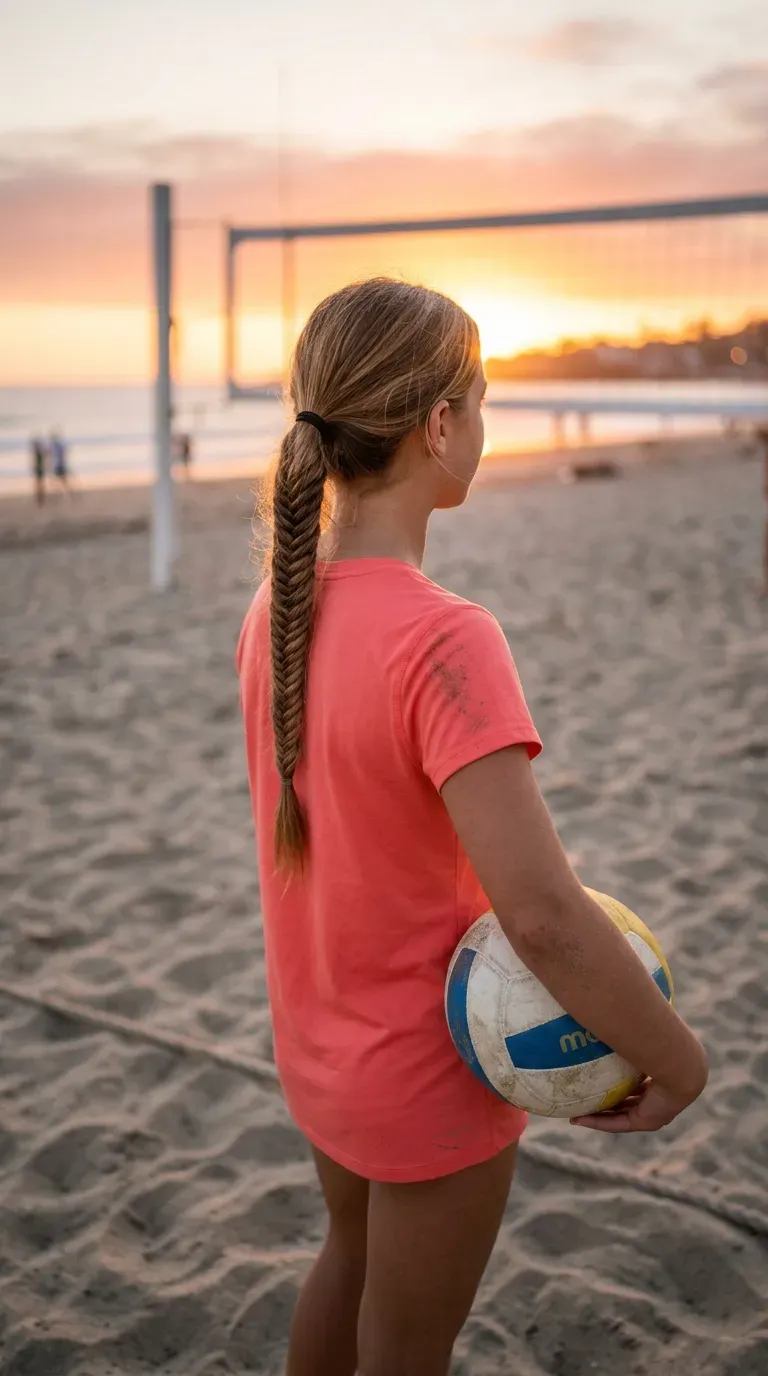 Long layered hair in a fishtail ponytail on a beach volleyball court at sunset