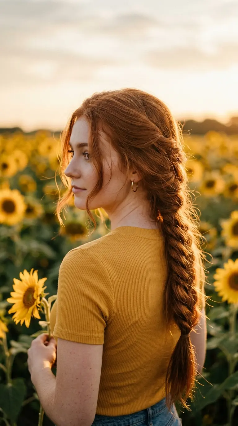 Over the shoulder view of a loose fishtail braid swept over one shoulder on long auburn hair