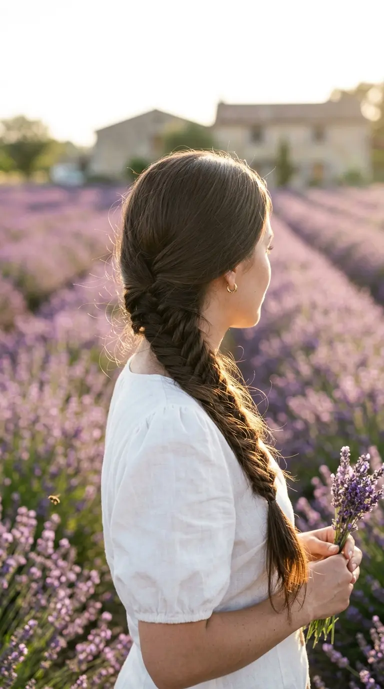 Side view of a loose fishtail braid draped over one shoulder on long dark brown hair