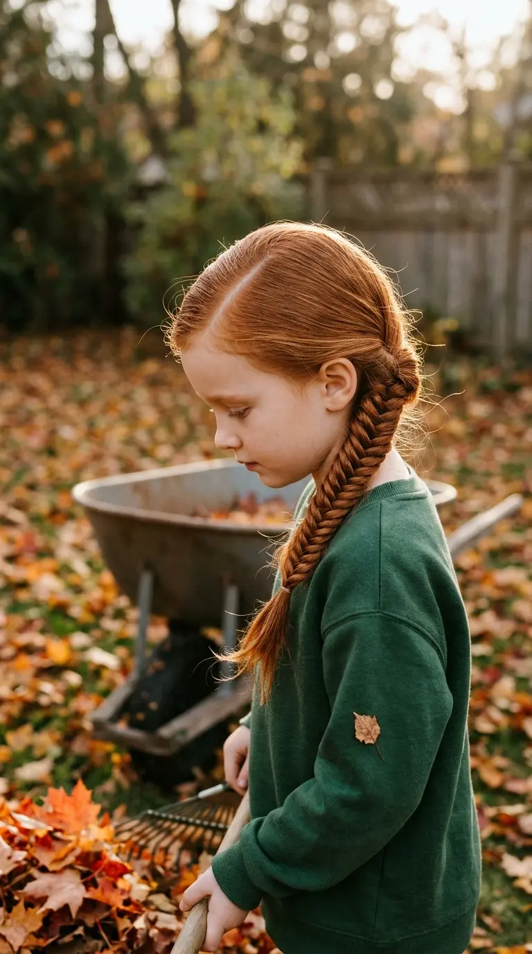Three quarter side view of a red fishtail side braid on a girl in leaves