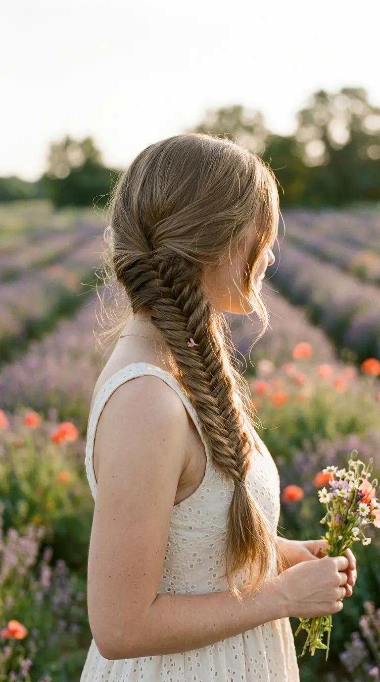 Side view of a loose pancaked fishtail braid draped over one shoulder on long thin light brown hair