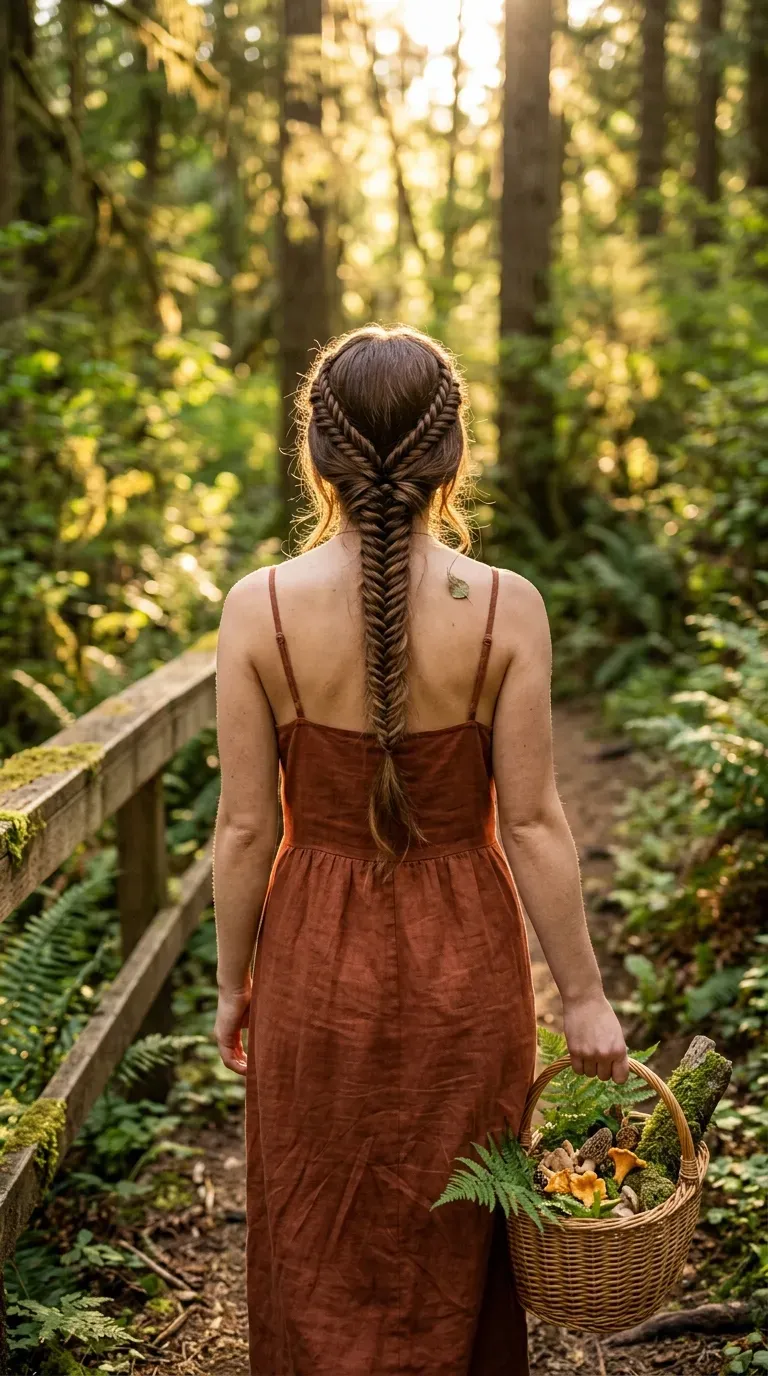 Mid height ponytail wrapped with a thin fishtail braid at a farmers market