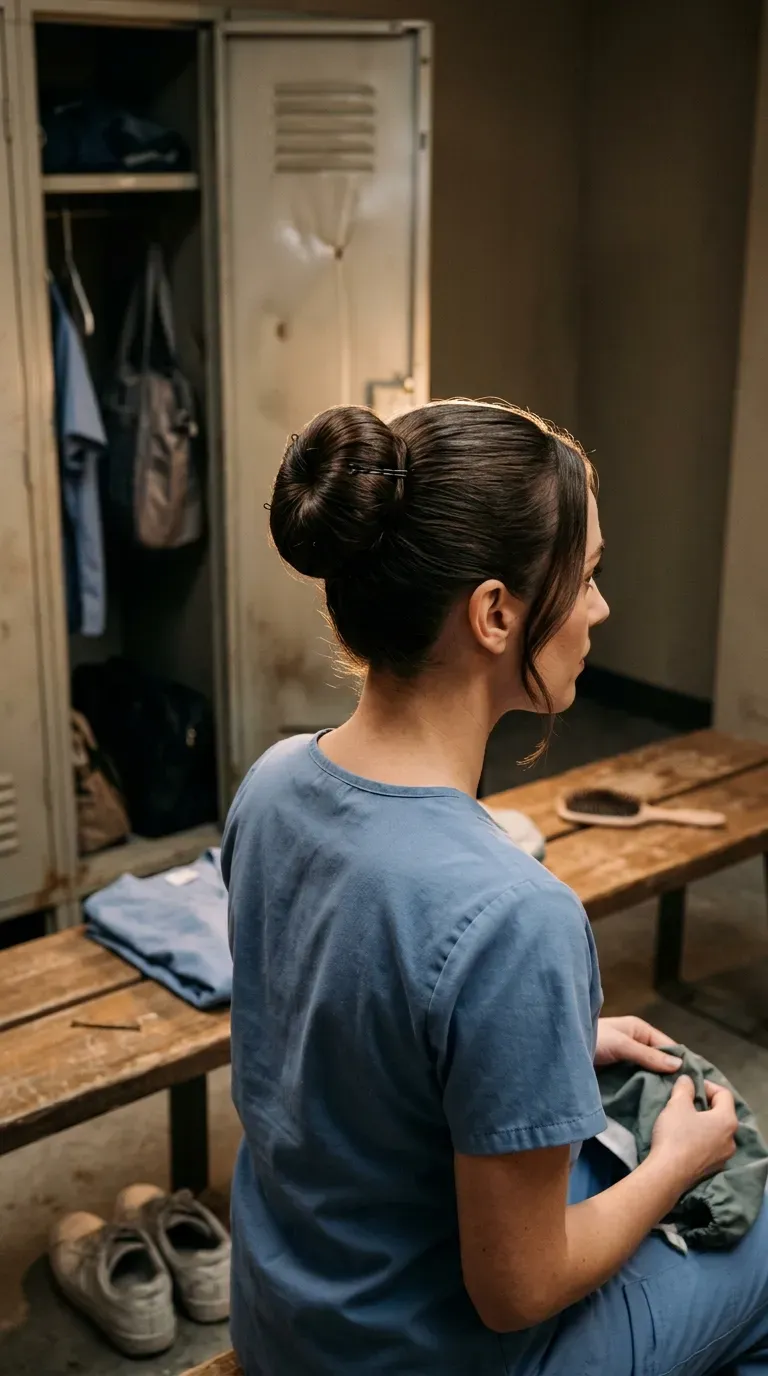 Three quarter back view of a flat high bun beside an open locker