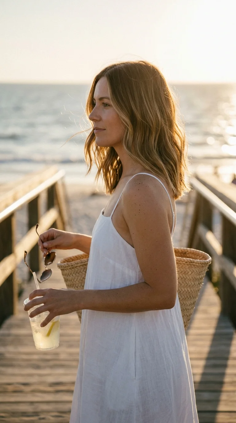 Side profile of light brown shoulder length hair with flat iron bent waves on boardwalk