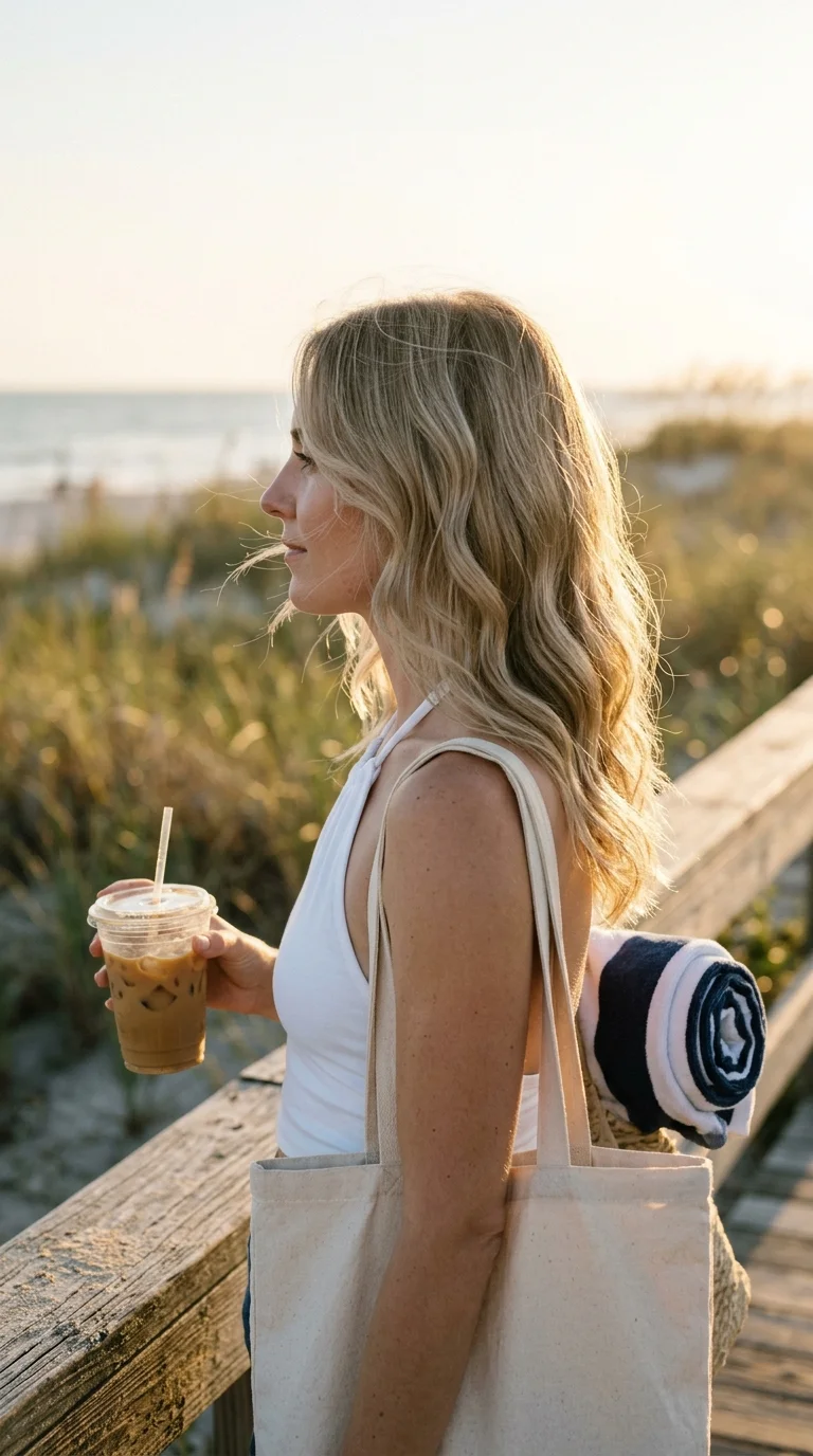 Side profile of ash blonde loose bent waves on a beach boardwalk
