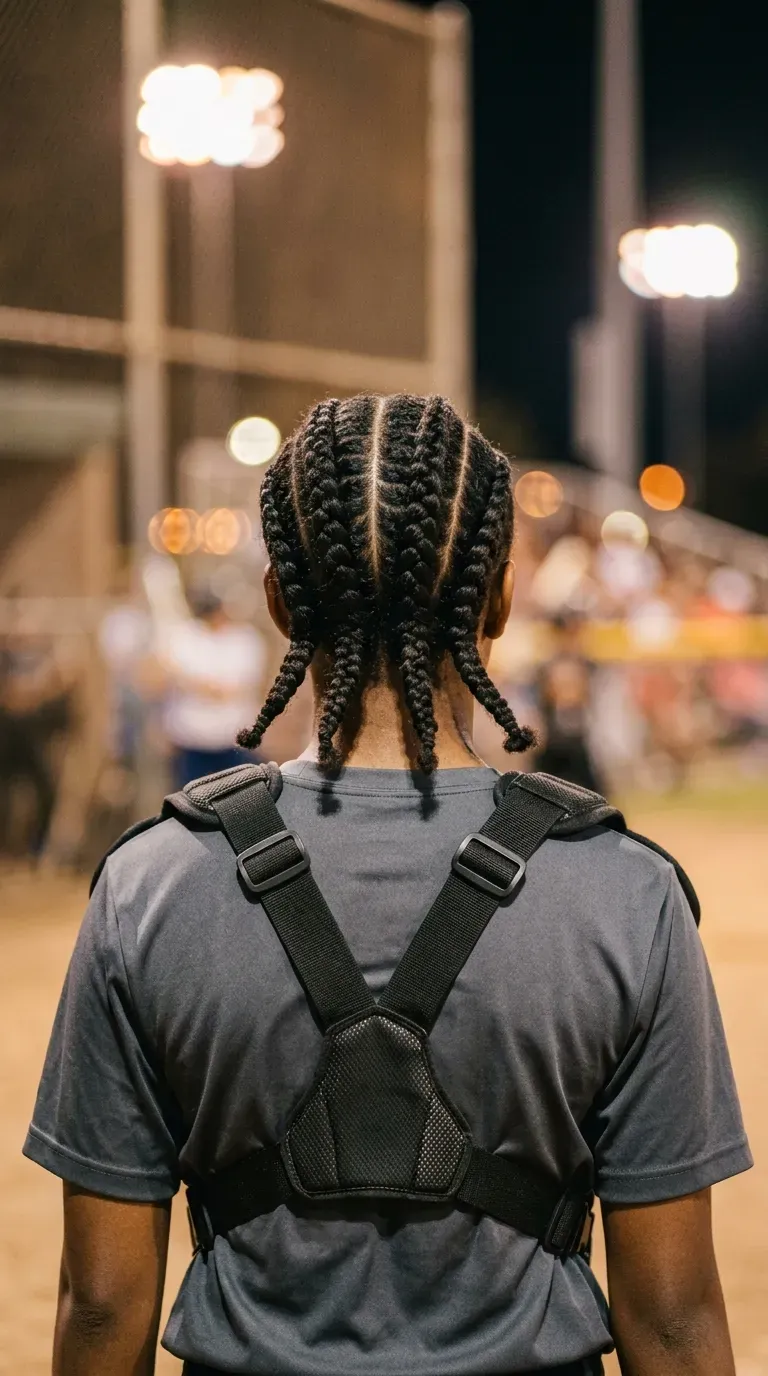 Four flat stitch braids on a softball catcher holding her mask near home plate