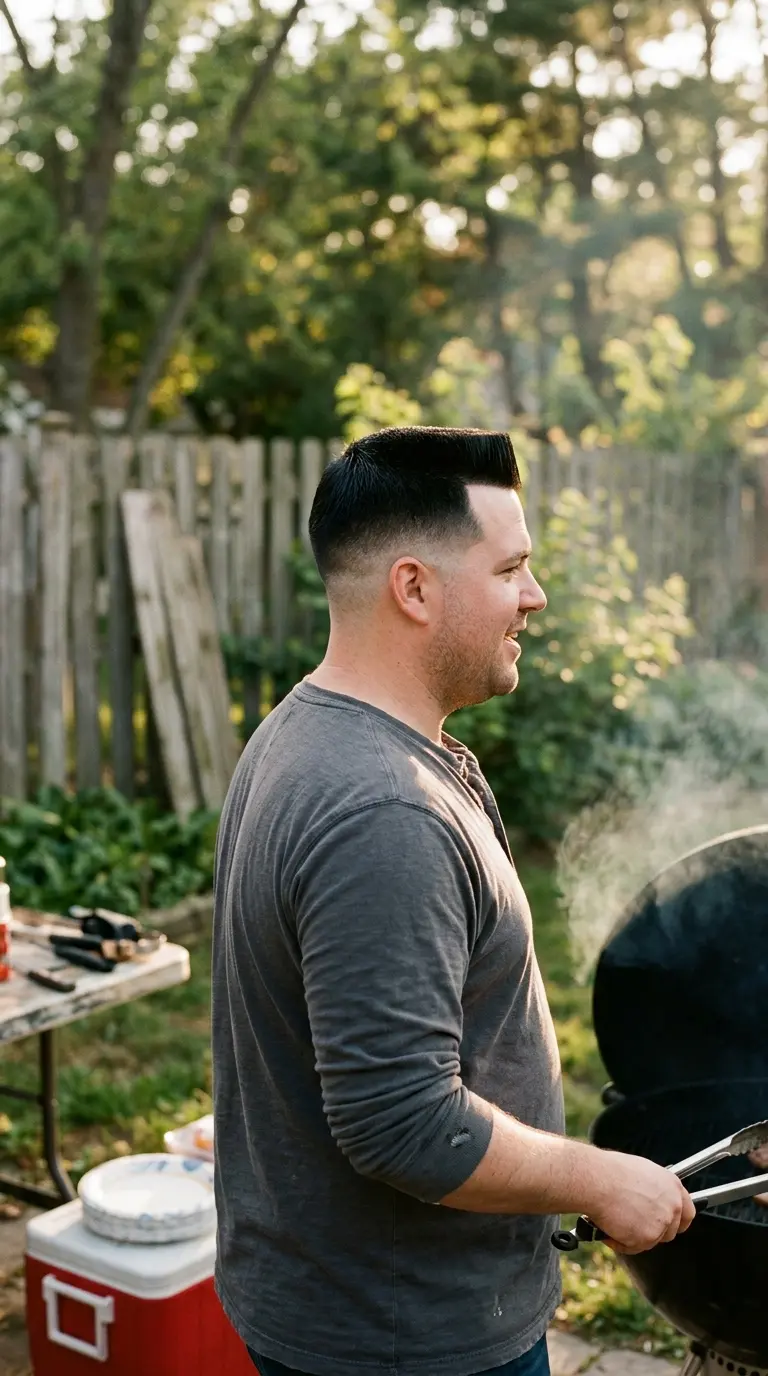 Three quarter back view of a flat top and clean fade at a barbecue