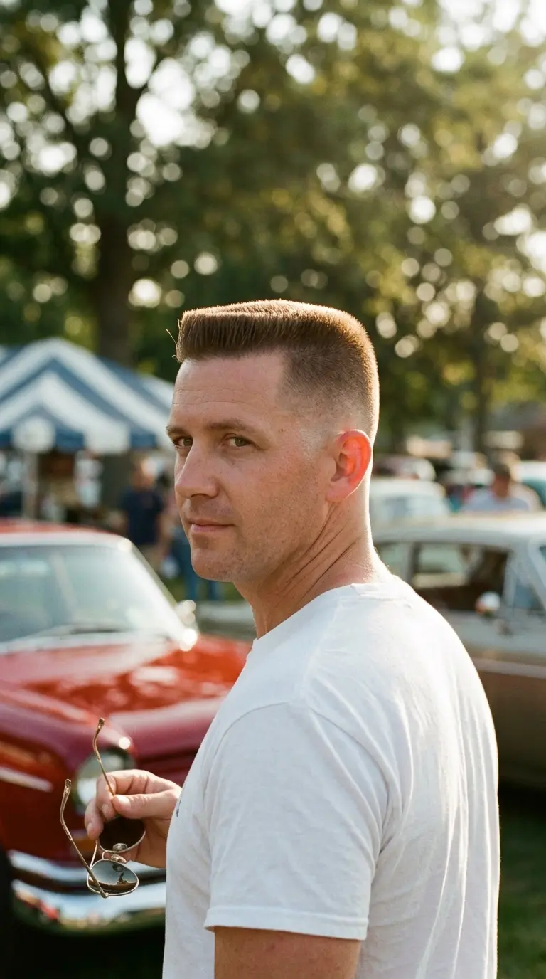 Over the shoulder view of a man with a flat top and a clean fade