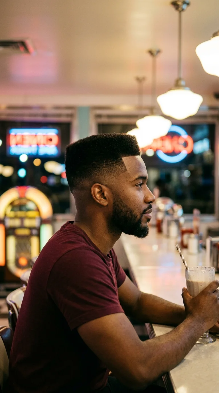 Side profile of a Black man with a short flat top and a skin fade