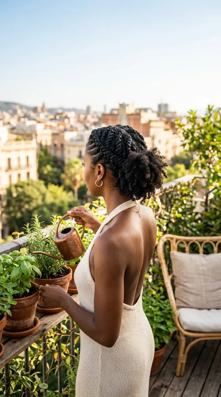 Back view of a flat twist crown on natural curls on a sunny balcony