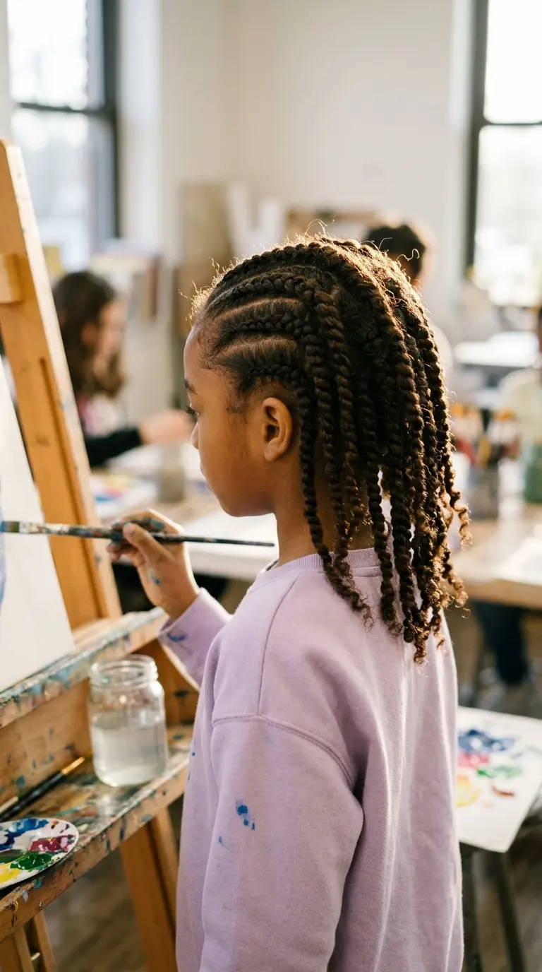 Three quarter back view of a girl with flat twists in front and loose two strand twists in back