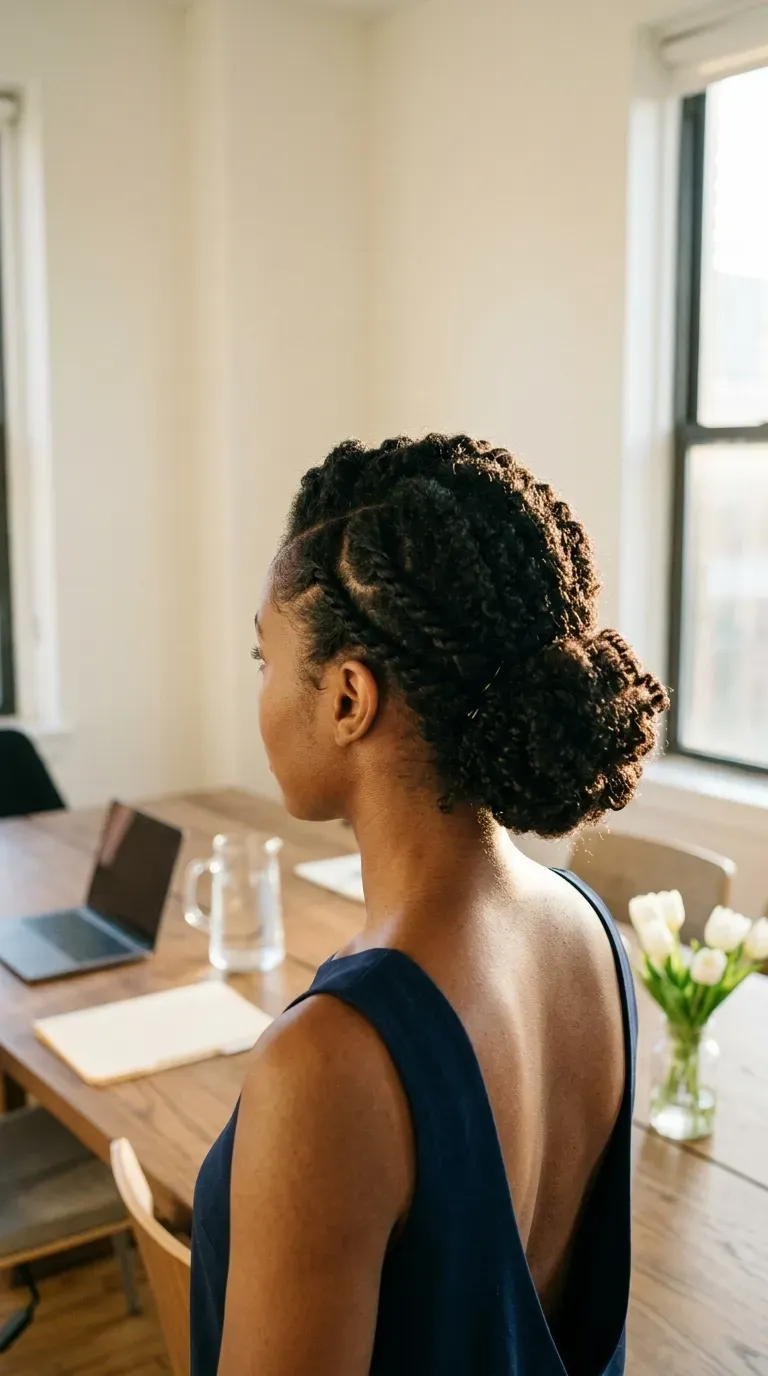 Three quarter back view of flat twists gathered into a low chignon in conference room