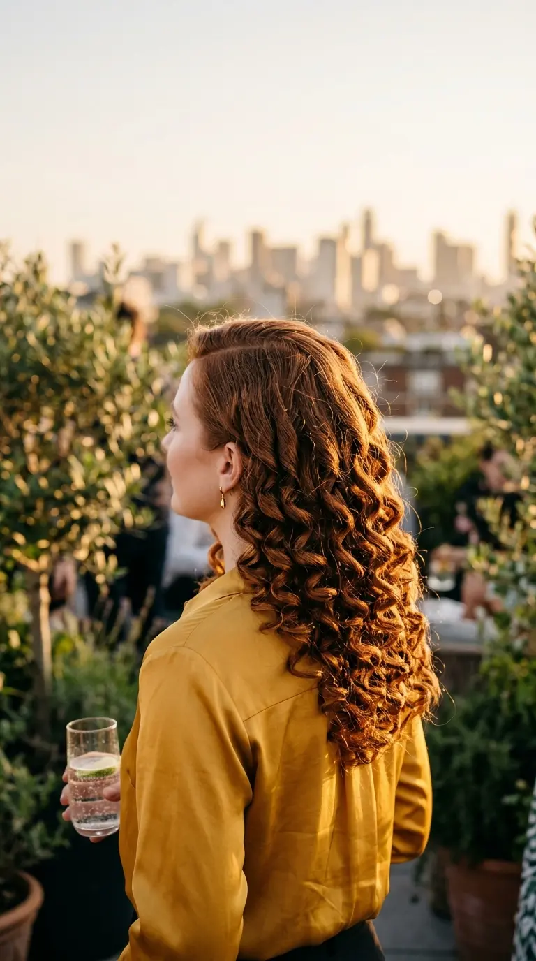 Three quarter back view of defined spiral curls set on flexi rods on long auburn hair