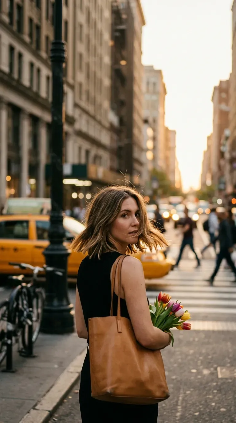Over the shoulder view of flicked out ends and a side part on a city street