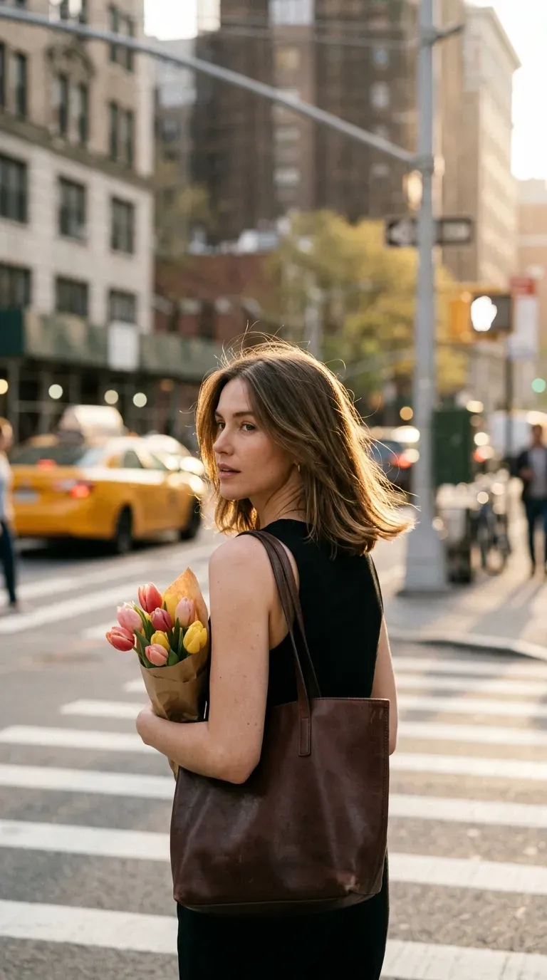 Over the shoulder view of a flicked out lob with a side part on a city street