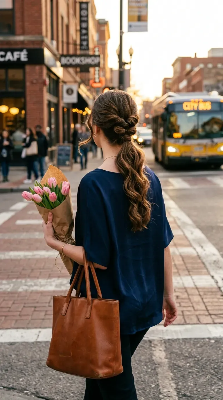 Brunette woman crossing a city street with a rolled flip through low ponytail