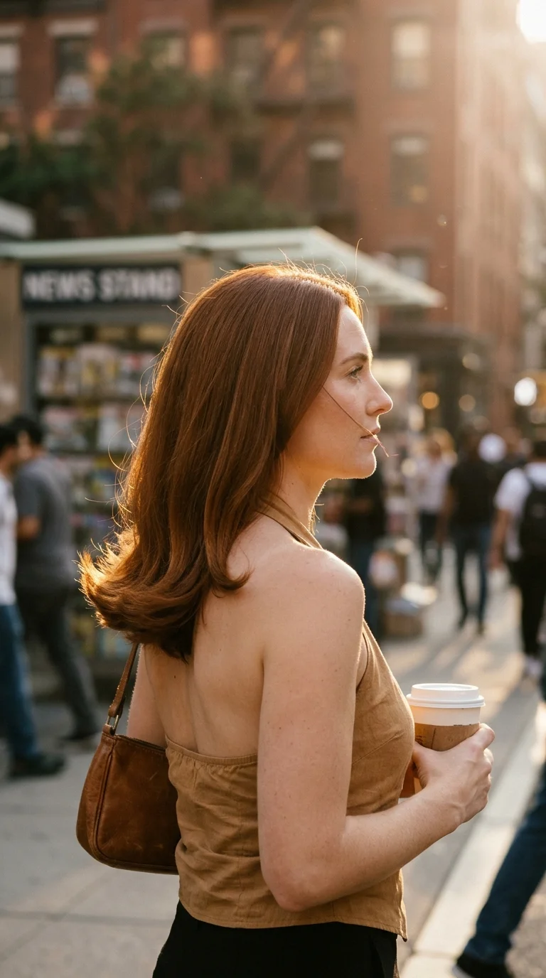 Side profile of auburn shoulder length blowout with ends flipped outward and middle part