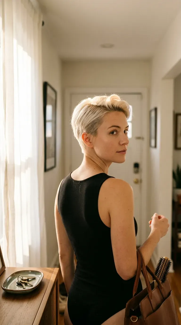 Side profile of flipped out bob ends at an after work gallery event