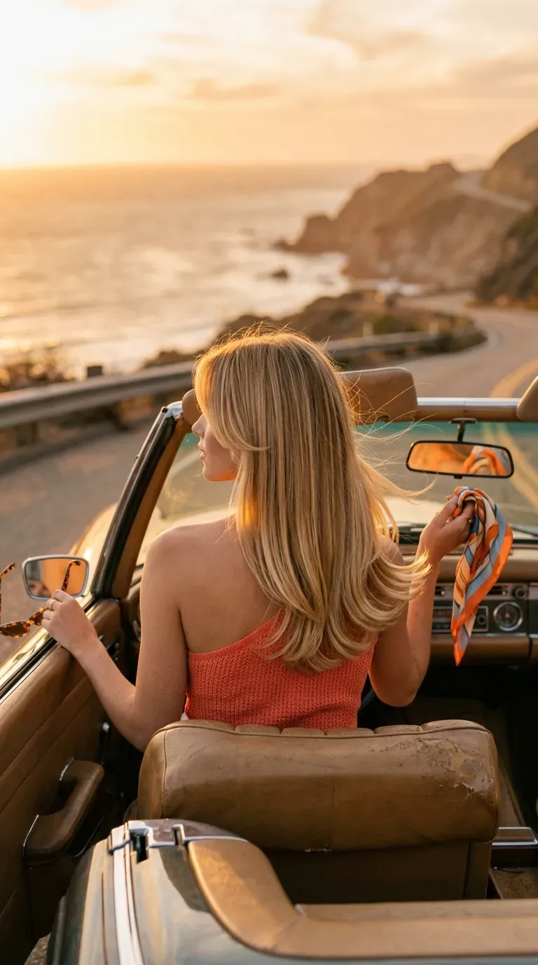 Golden blonde long hair with face framing layers flipped outward in a convertible