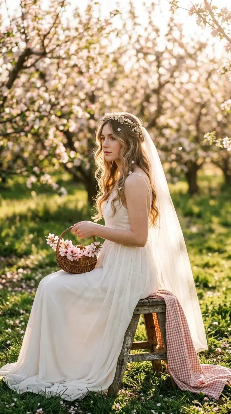 Three quarter front side view of a flower crown with a long veil