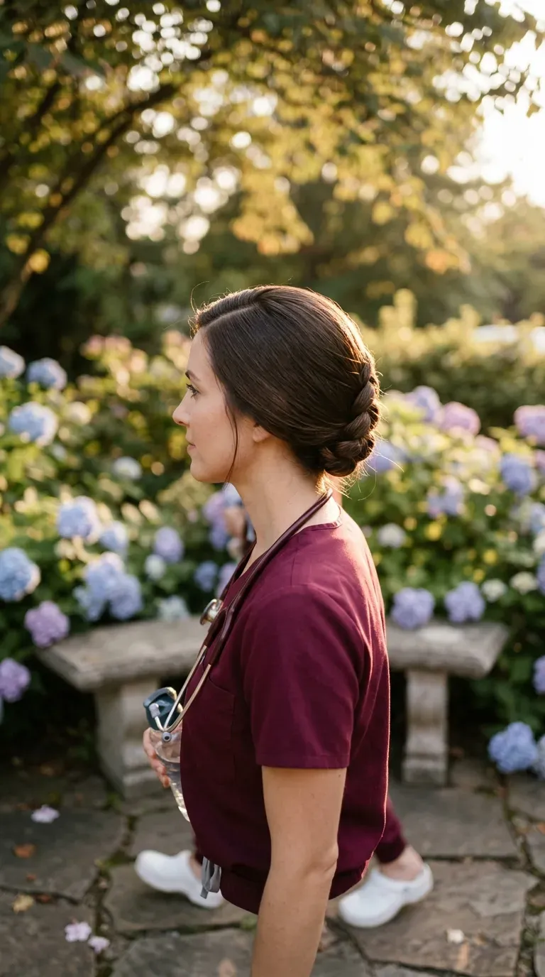 Side profile of a long braid folded up into a pinned bob in a garden