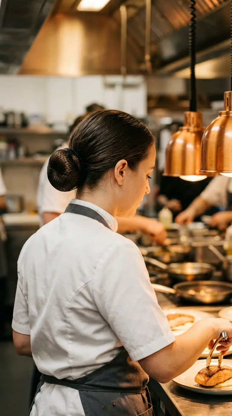 Food service hairstyles example, a line cook with a slick low bun tucked inside a black hair net