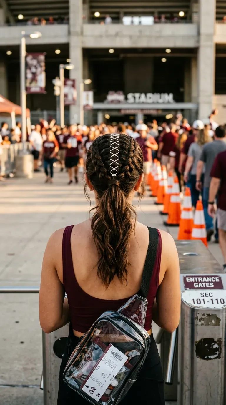 Crisscross elastic pattern like football laces leading into a high ponytail