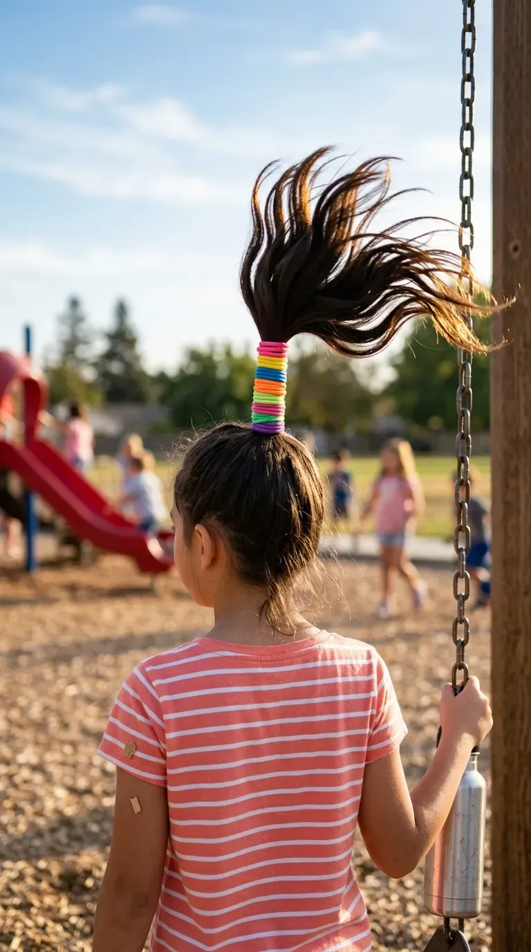 Girl with a high fountain ponytail spraying hair in every direction on a playground