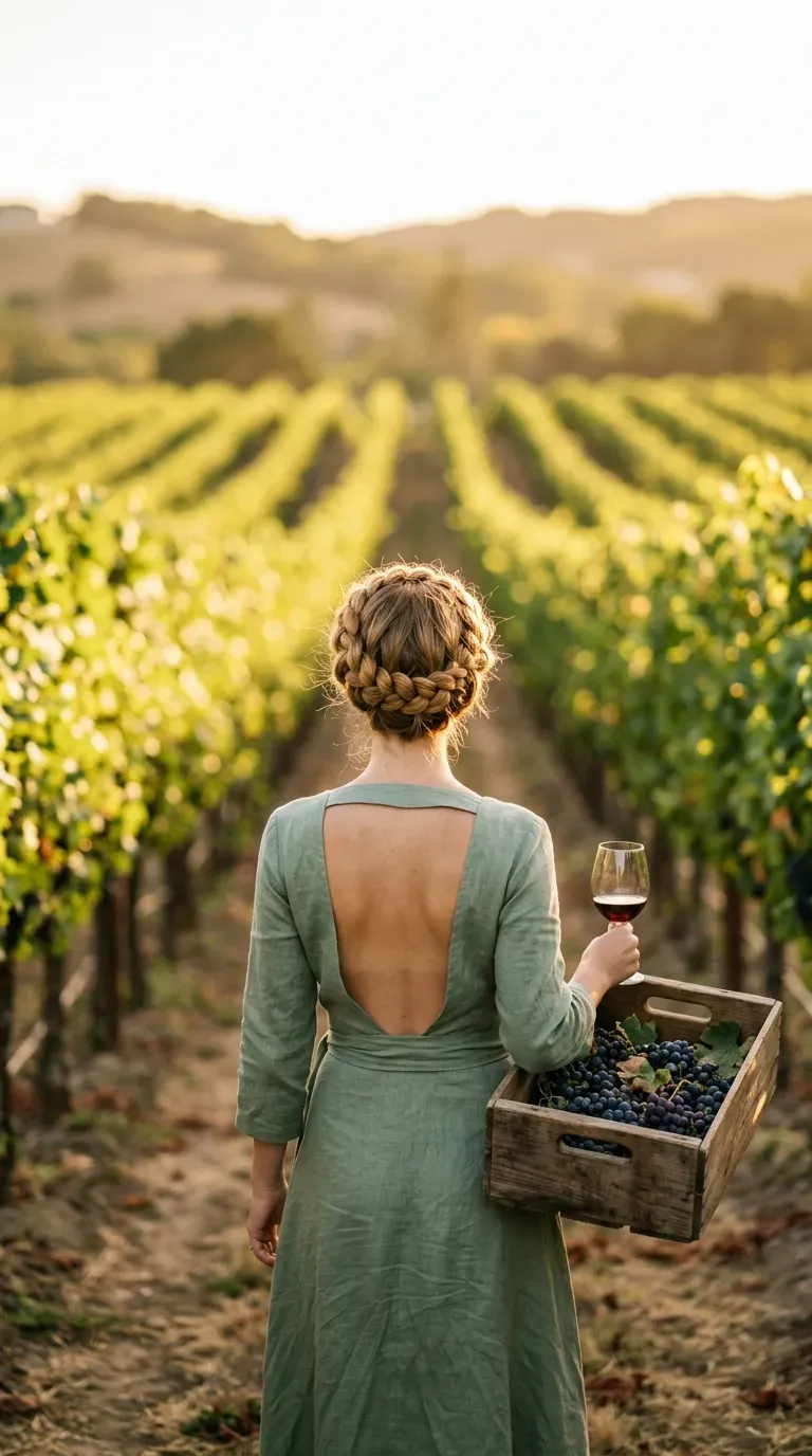 Back view of a four strand braid crown on thick hair in a vineyard