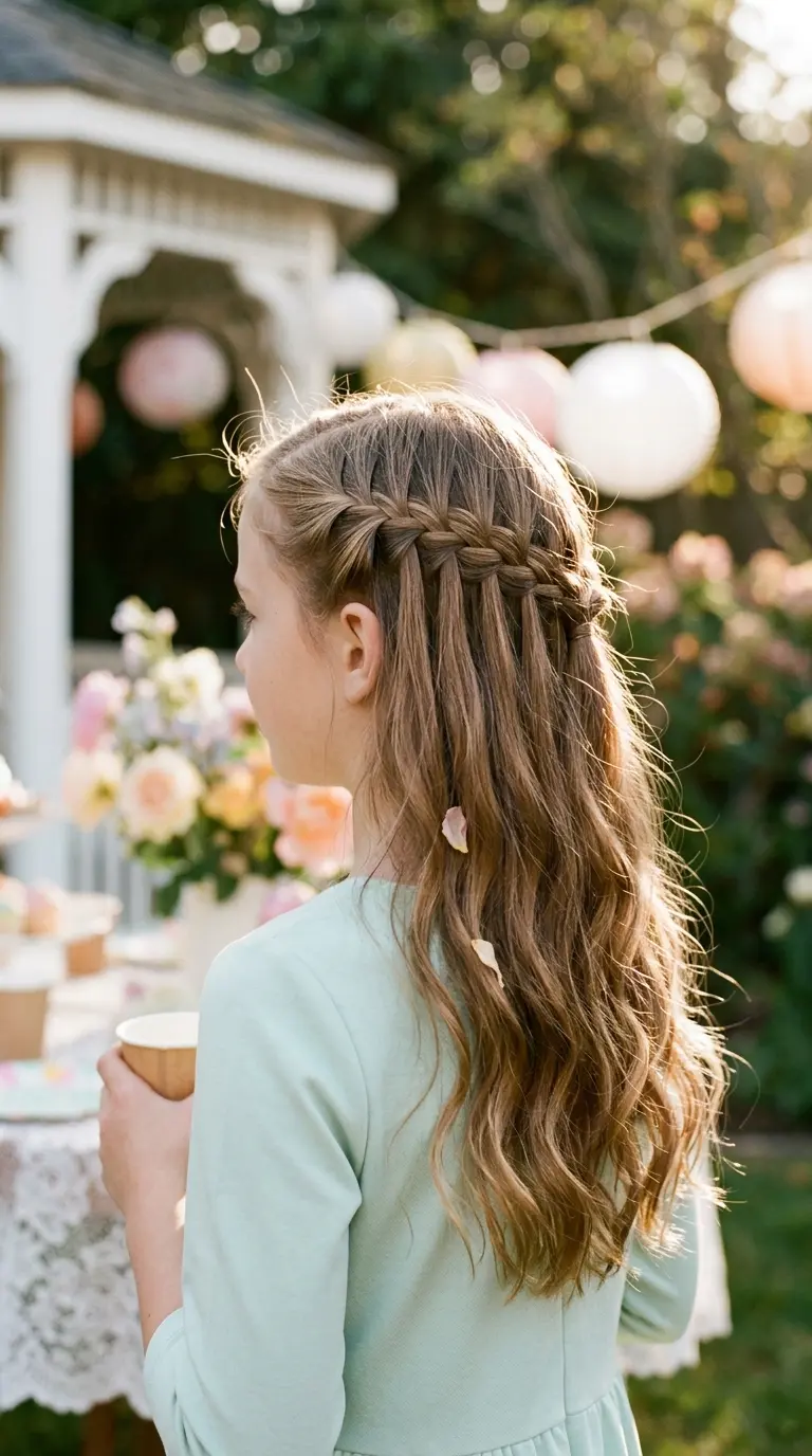 Three quarter front view of a girl with a French braid crown circling her head at a family wedding