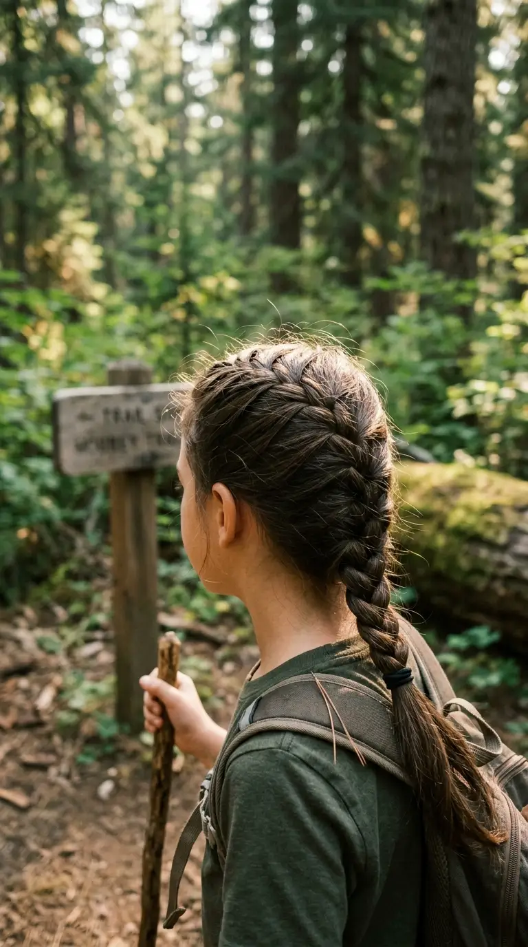 Three quarter back view of a girl with a French braid rolled into a flower shaped bun at the nape at a holiday dinner