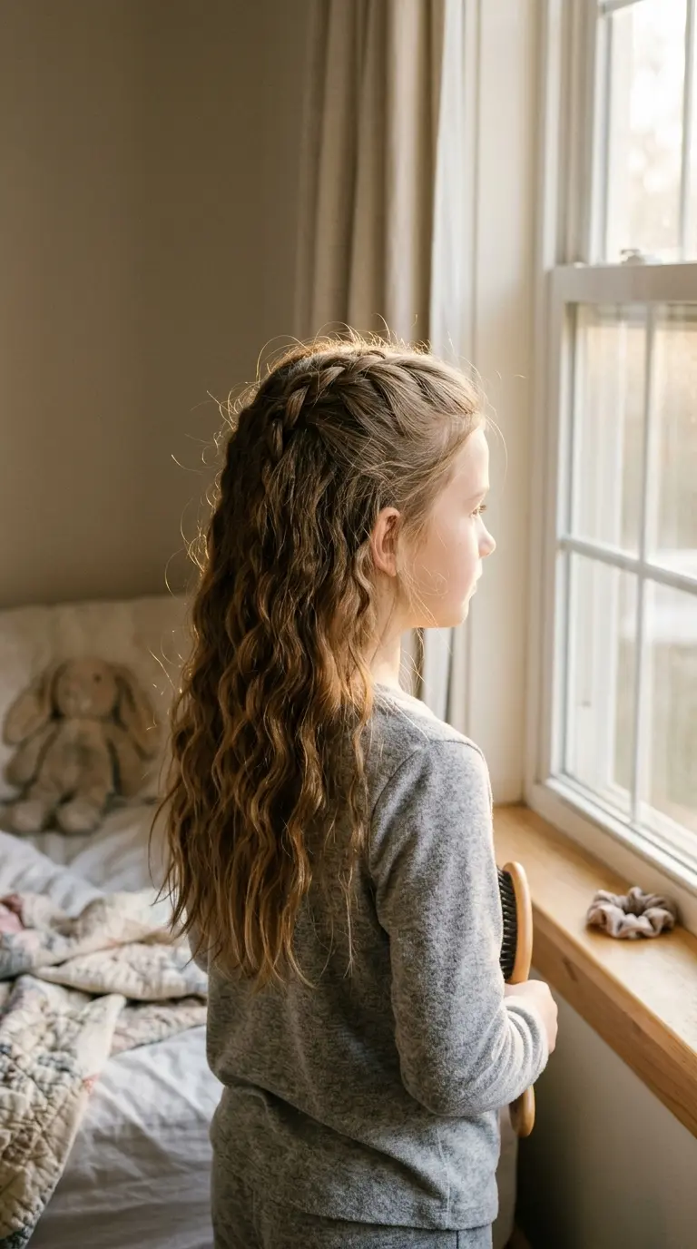 French braid hairstyles for kids example, a girl with a classic center French braid at a kitchen counter