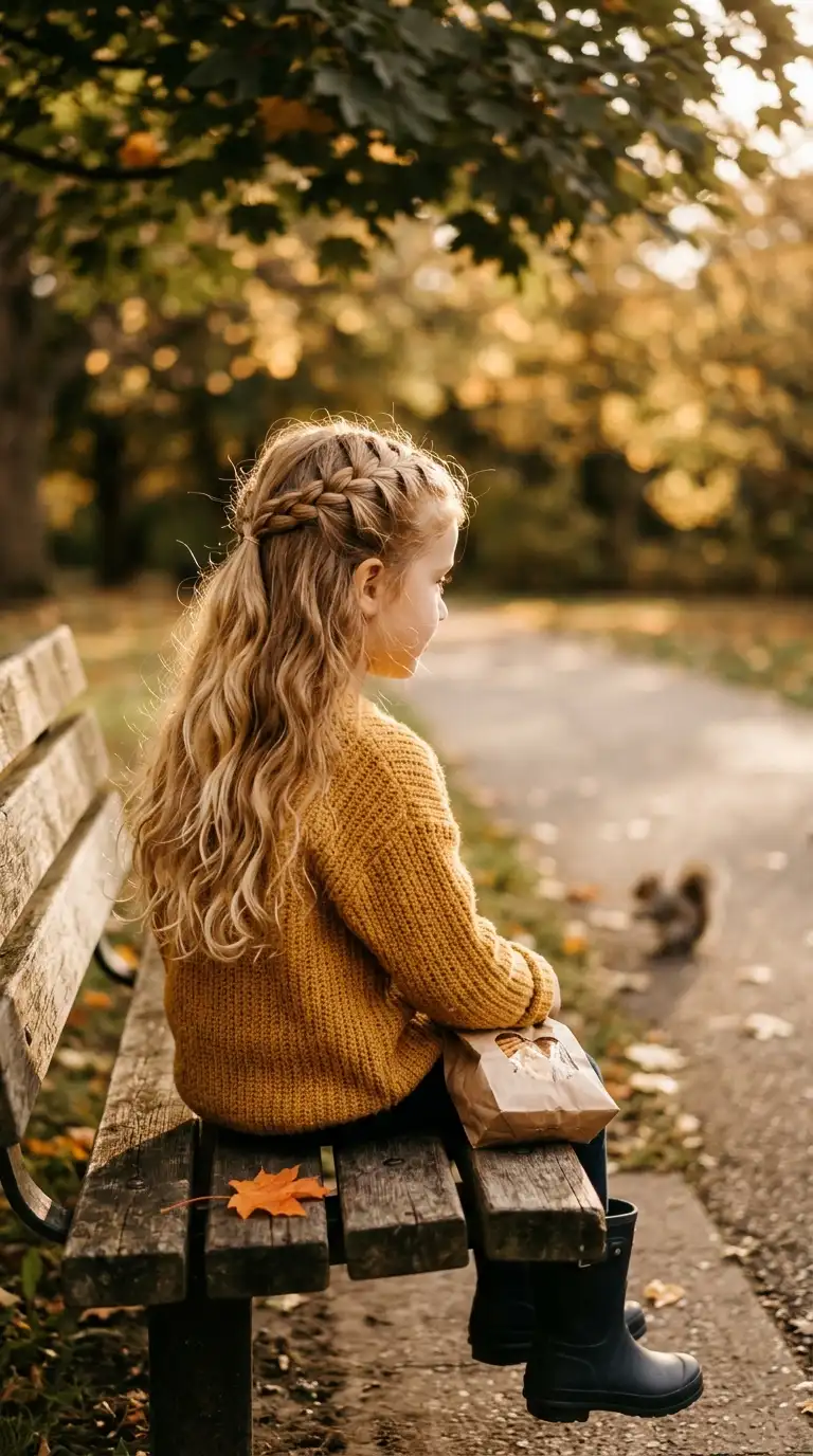 Side profile of a girl with a thin French braid headband along her front hairline at a library table