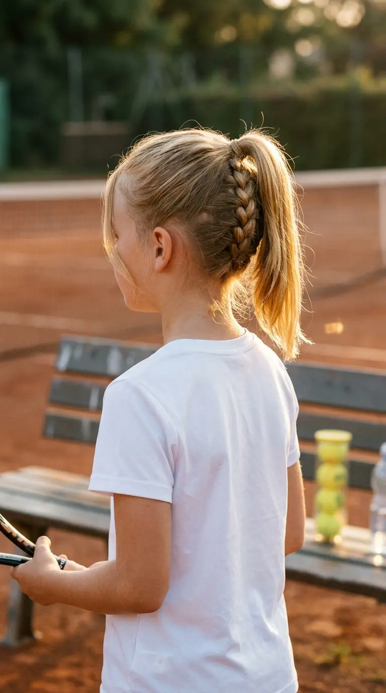 Three quarter back view of a French braid into high ponytail on a tennis court